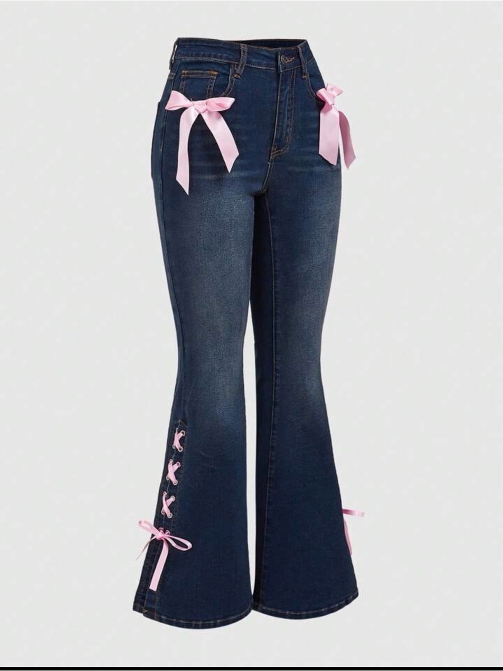 ROMWE Dark Wash Flare Jeans with Pink Ribbon Bows